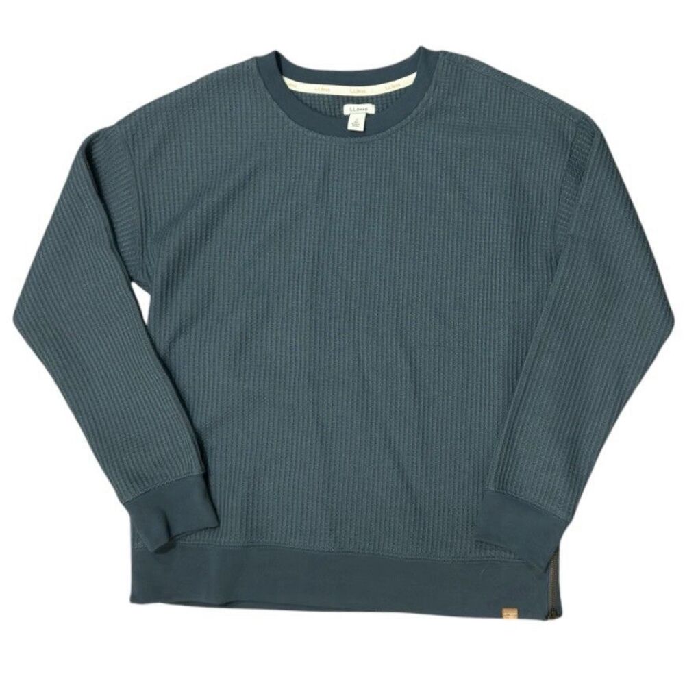 L.L. Bean Birchwood Waffle Crewneck Sweatshirt Small Blue Side Zip Pullover